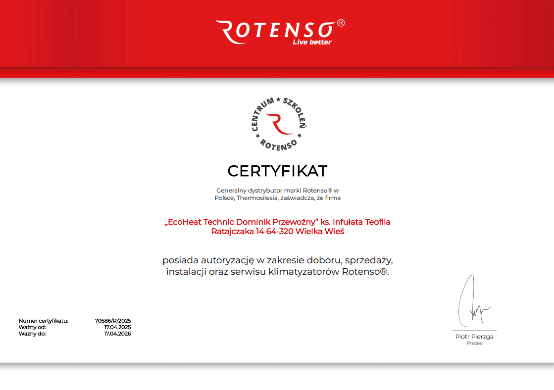 Rotenso® Certyfikat Autoryzowanego Instalatora